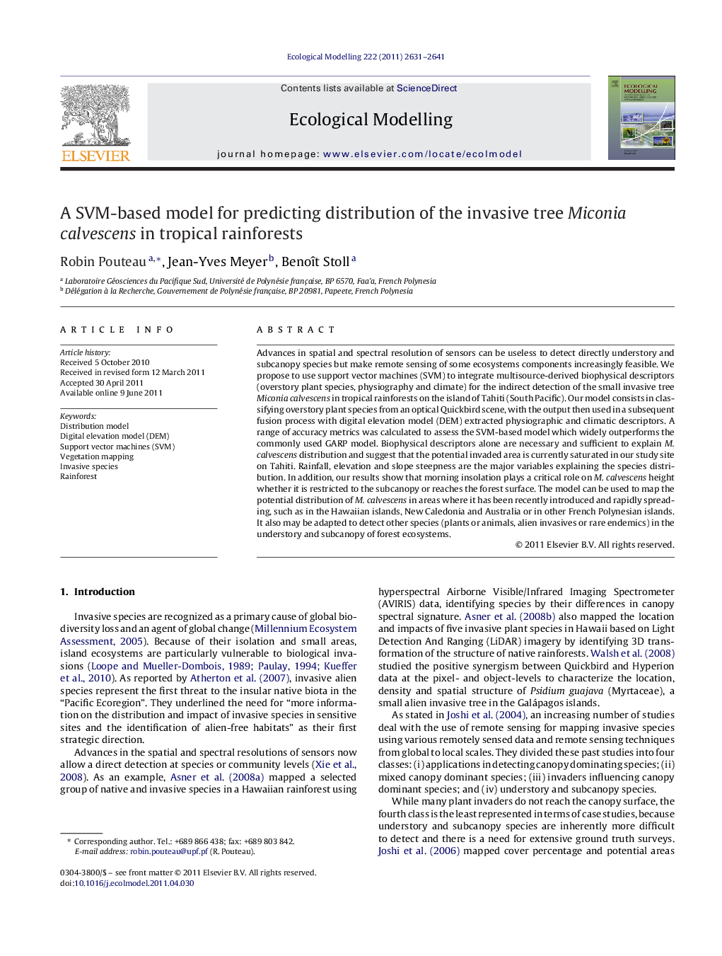 A SVM-based model for predicting distribution of the invasive tree Miconia calvescens in tropical rainforests