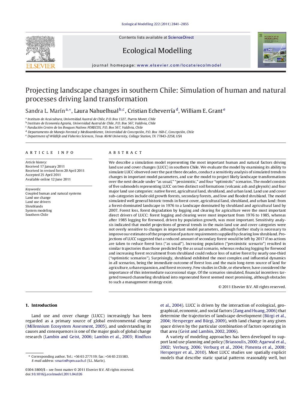 Projecting landscape changes in southern Chile: Simulation of human and natural processes driving land transformation