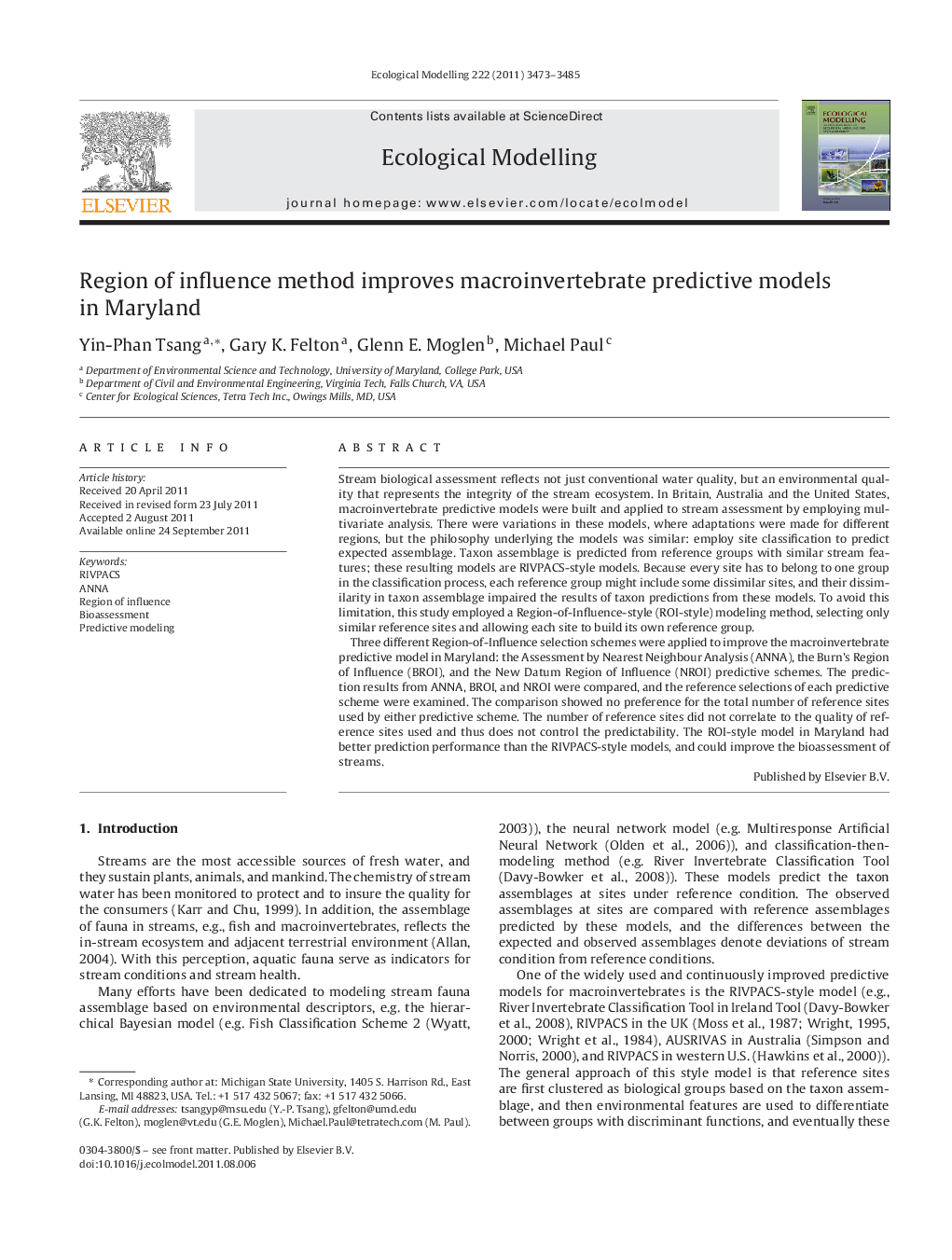 Region of influence method improves macroinvertebrate predictive models in Maryland