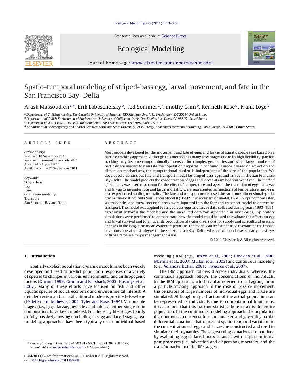 Spatio-temporal modeling of striped-bass egg, larval movement, and fate in the San Francisco Bay–Delta