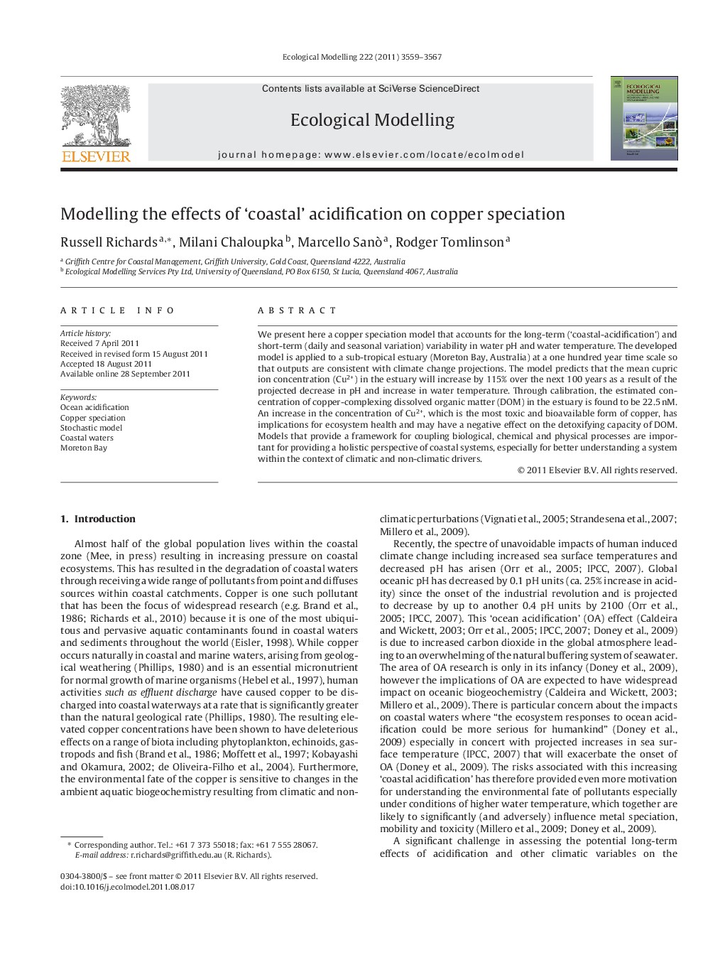 Modelling the effects of 'coastal' acidification on copper speciation