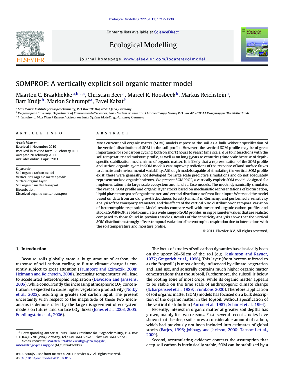 SOMPROF: A vertically explicit soil organic matter model