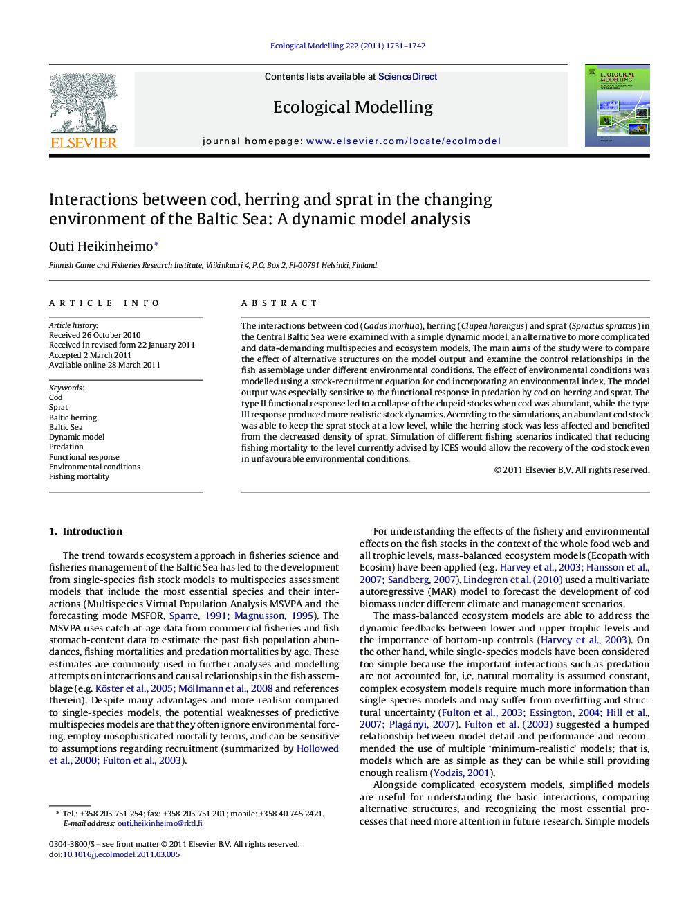 Interactions between cod, herring and sprat in the changing environment of the Baltic Sea: A dynamic model analysis