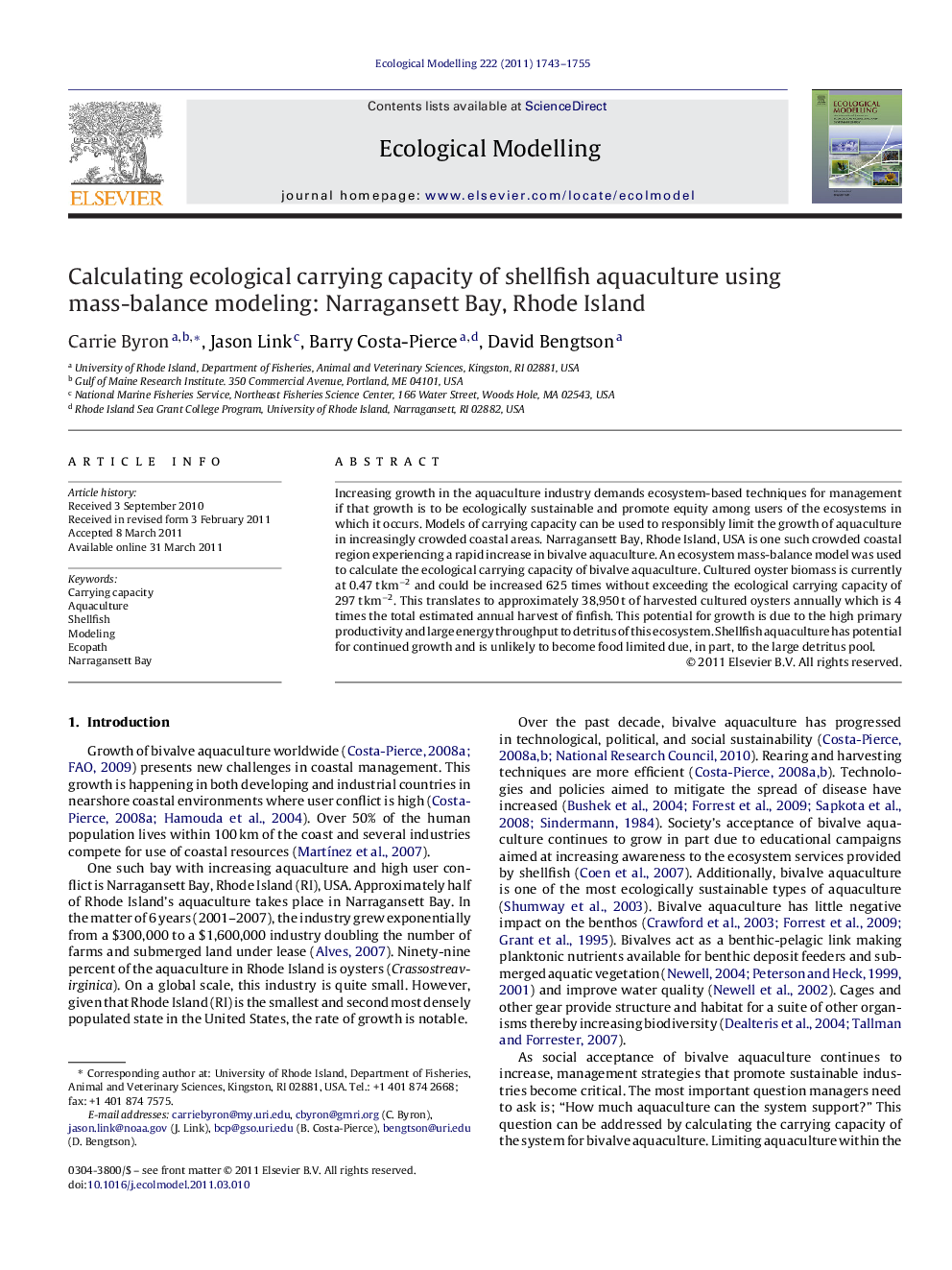 Calculating ecological carrying capacity of shellfish aquaculture using mass-balance modeling: Narragansett Bay, Rhode Island