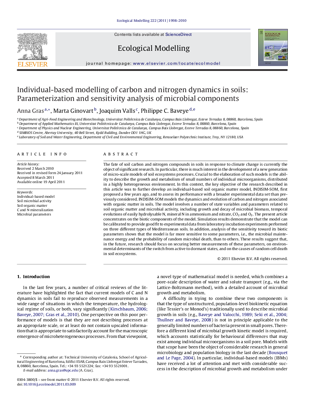 Individual-based modelling of carbon and nitrogen dynamics in soils: Parameterization and sensitivity analysis of microbial components