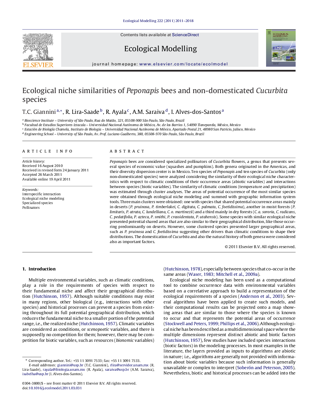 Ecological niche similarities of Peponapis bees and non-domesticated Cucurbita species