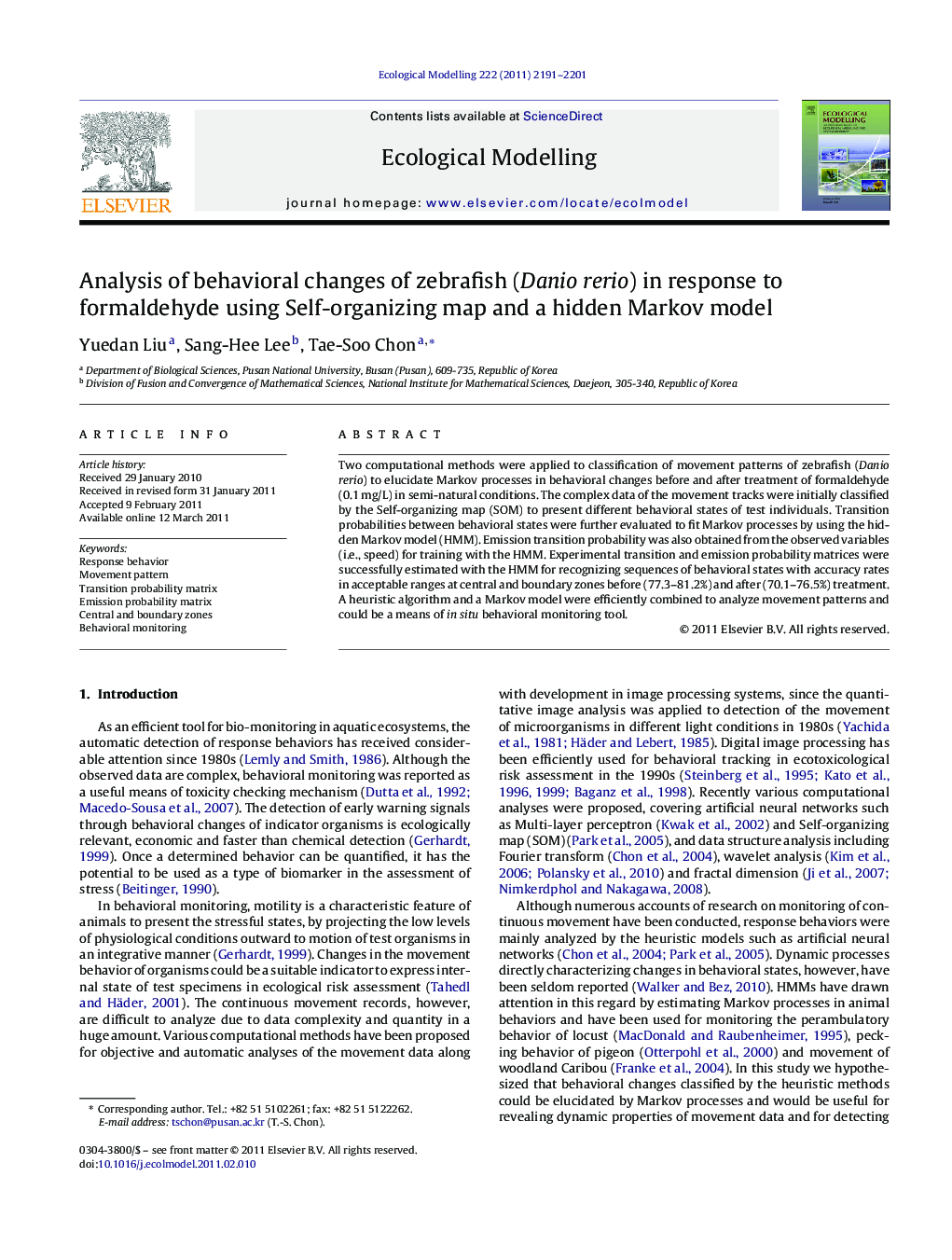 Analysis of behavioral changes of zebrafish (Danio rerio) in response to formaldehyde using Self-organizing map and a hidden Markov model