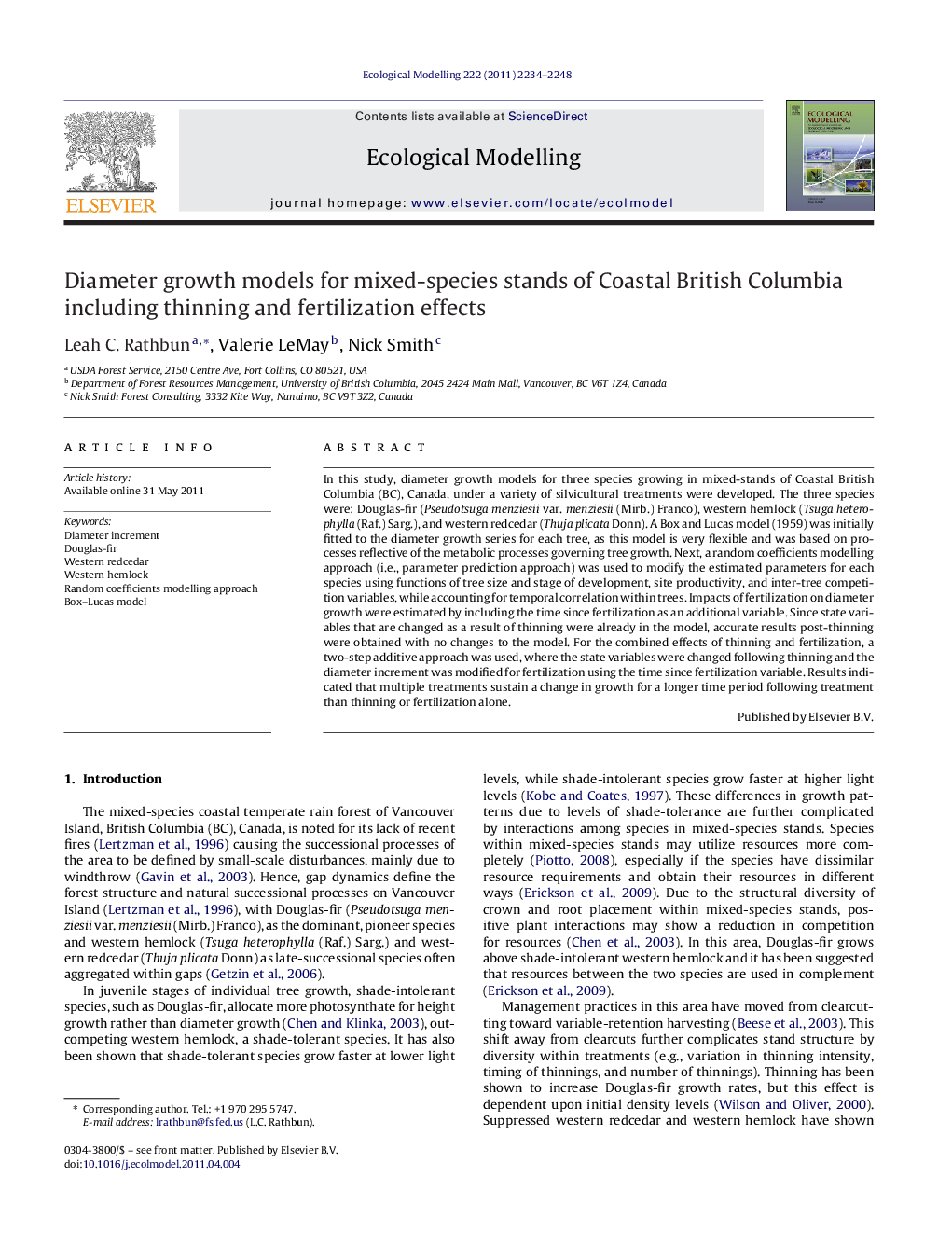 Diameter growth models for mixed-species stands of Coastal British Columbia including thinning and fertilization effects