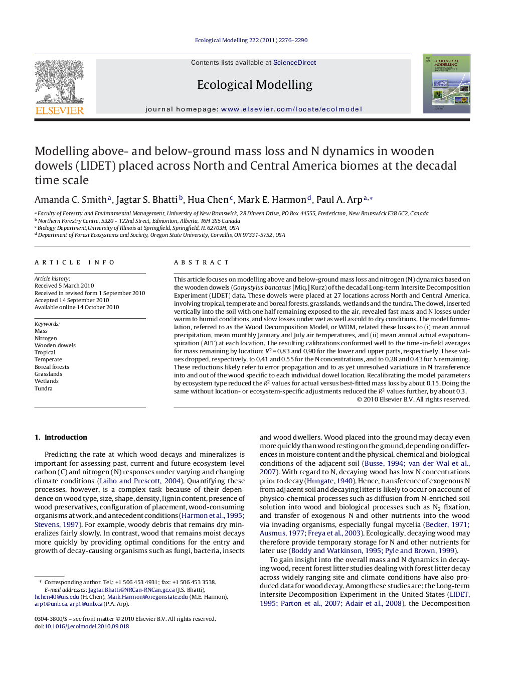 Modelling above- and below-ground mass loss and N dynamics in wooden dowels (LIDET) placed across North and Central America biomes at the decadal time scale