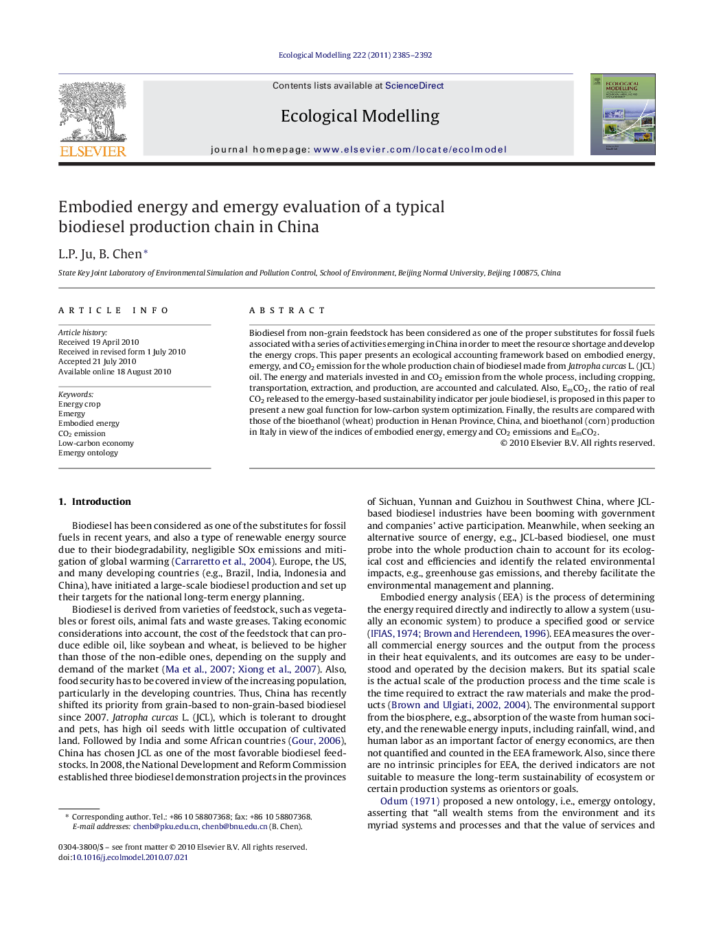 Embodied energy and emergy evaluation of a typical biodiesel production chain in China