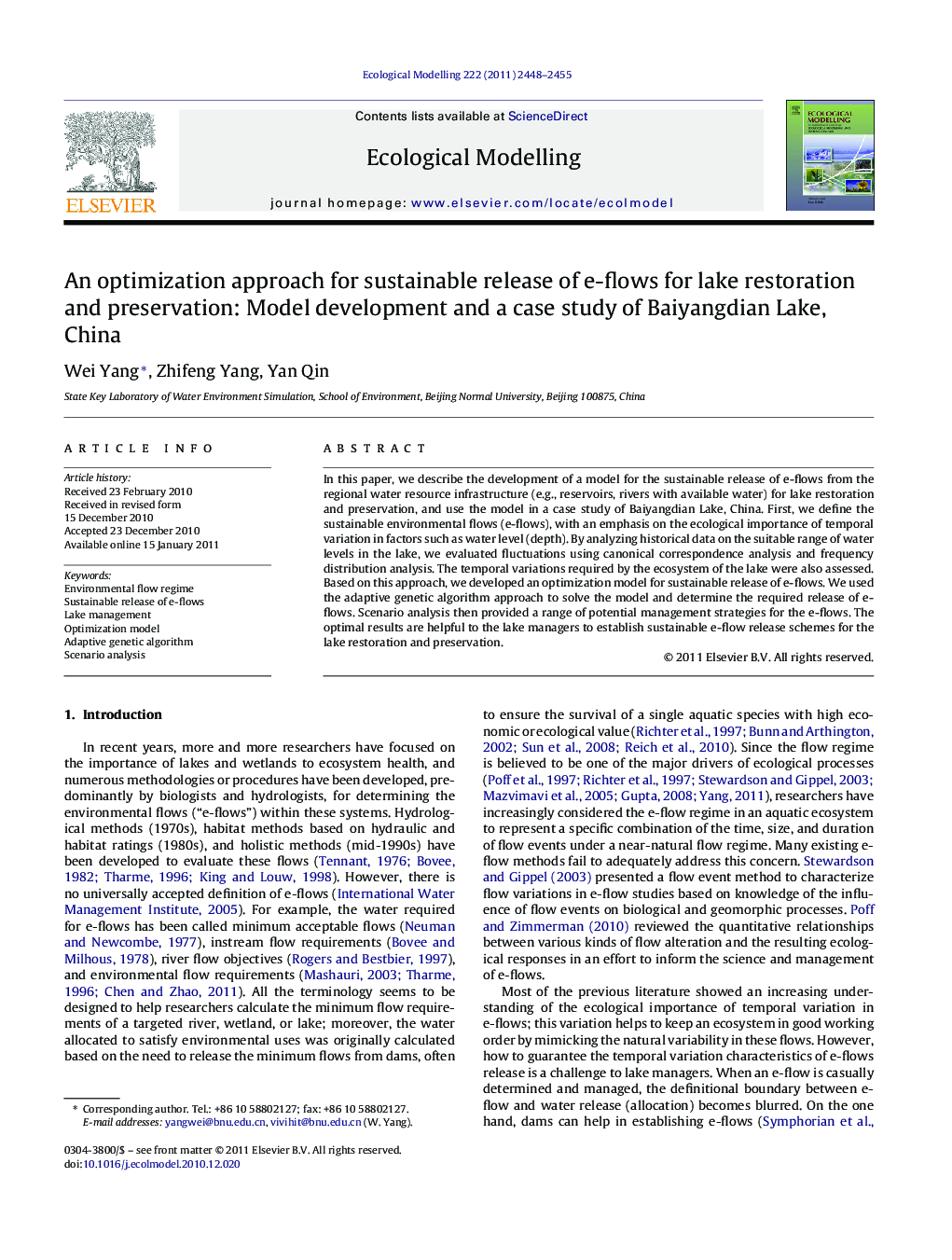 An optimization approach for sustainable release of e-flows for lake restoration and preservation: Model development and a case study of Baiyangdian Lake, China