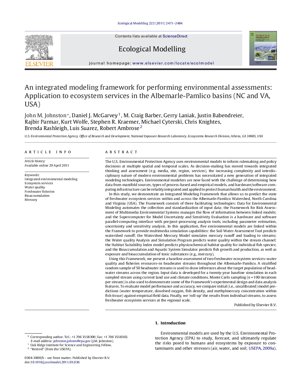 An integrated modeling framework for performing environmental assessments: Application to ecosystem services in the Albemarle-Pamlico basins (NC and VA, USA)