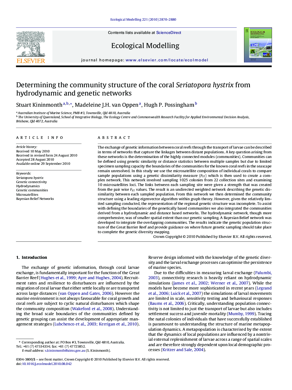 Determining the community structure of the coral Seriatopora hystrix from hydrodynamic and genetic networks