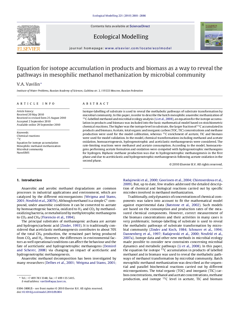 Equation for isotope accumulation in products and biomass as a way to reveal the pathways in mesophilic methanol methanization by microbial community