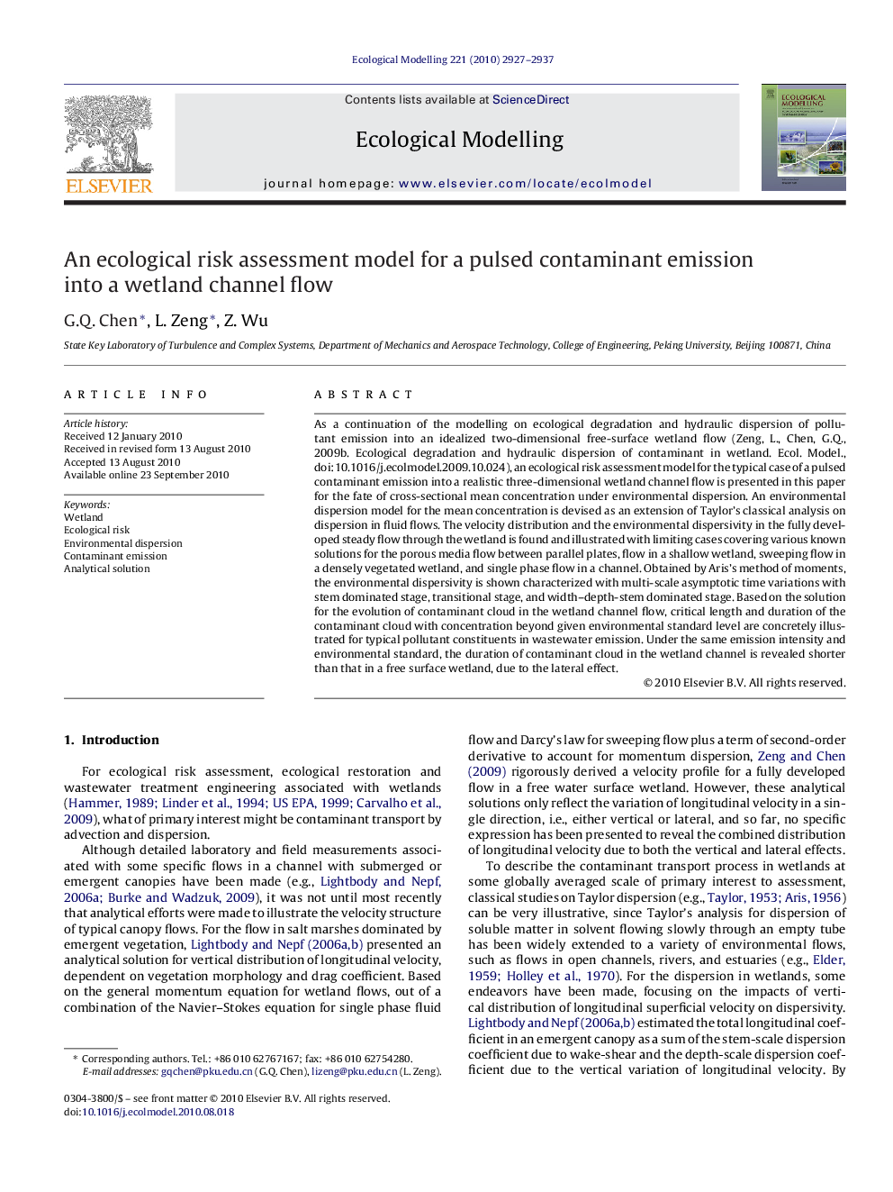 An ecological risk assessment model for a pulsed contaminant emission into a wetland channel flow