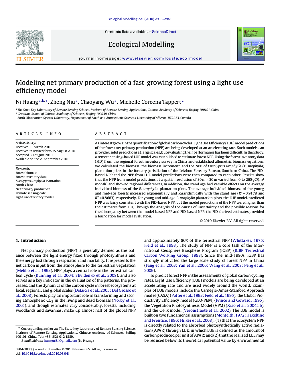 Modeling net primary production of a fast-growing forest using a light use efficiency model