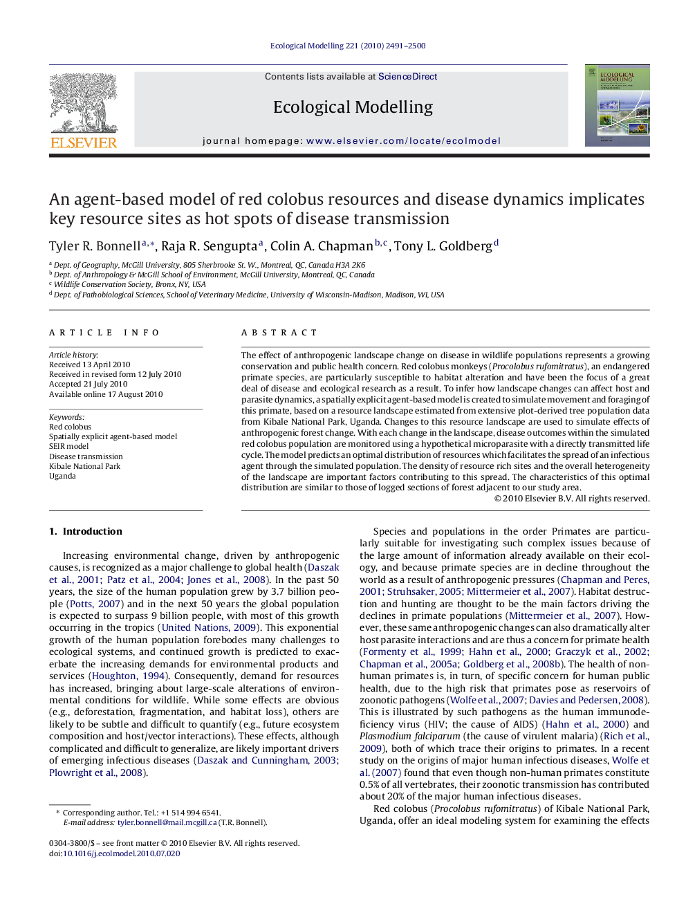 An agent-based model of red colobus resources and disease dynamics implicates key resource sites as hot spots of disease transmission