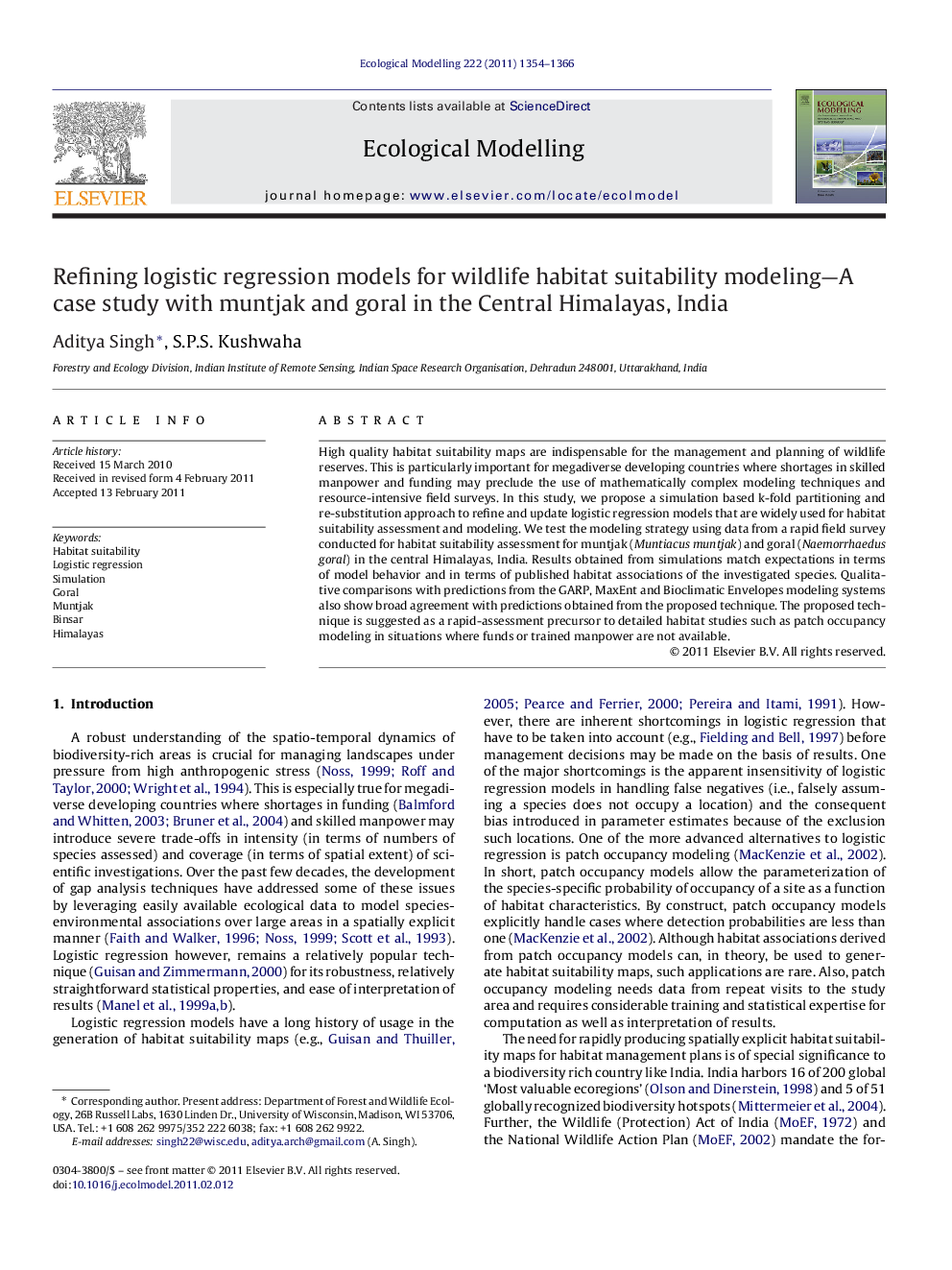 Refining logistic regression models for wildlife habitat suitability modeling-A case study with muntjak and goral in the Central Himalayas, India