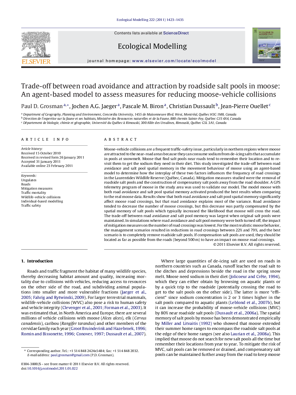 Trade-off between road avoidance and attraction by roadside salt pools in moose: An agent-based model to assess measures for reducing moose-vehicle collisions