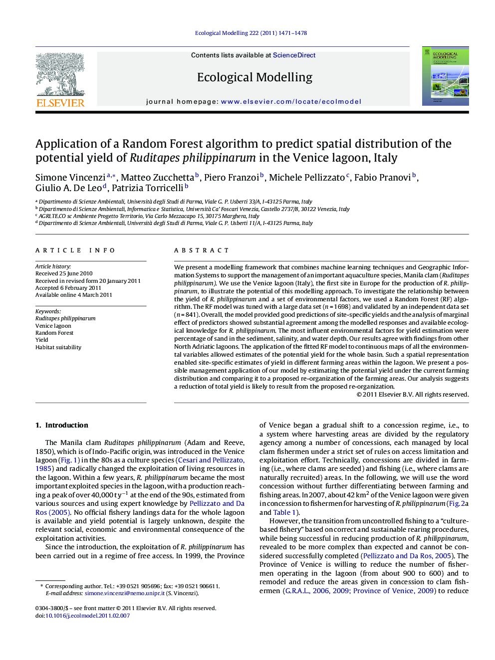 Application of a Random Forest algorithm to predict spatial distribution of the potential yield of Ruditapes philippinarum in the Venice lagoon, Italy