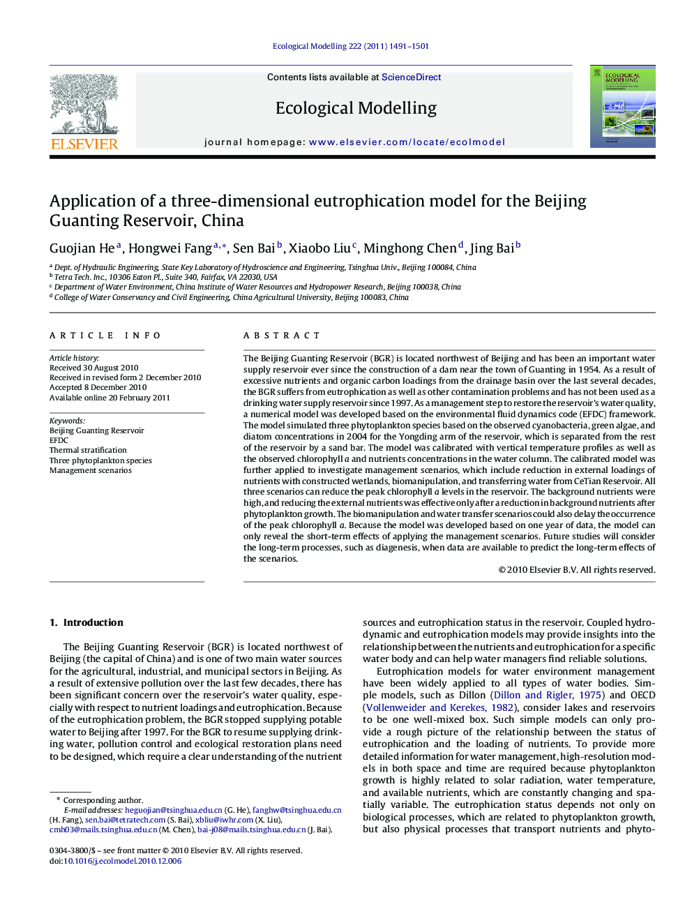 Application of a three-dimensional eutrophication model for the Beijing Guanting Reservoir, China