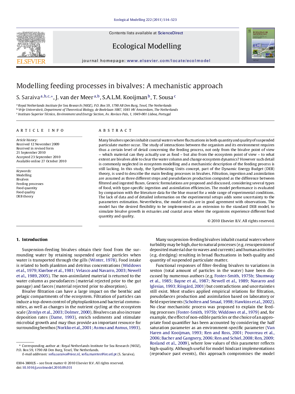 Modelling feeding processes in bivalves: A mechanistic approach