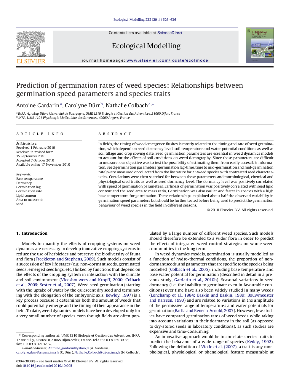 Prediction of germination rates of weed species: Relationships between germination speed parameters and species traits