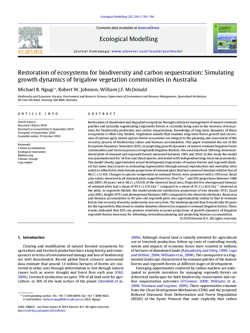 Restoration of ecosystems for biodiversity and carbon sequestration: Simulating growth dynamics of brigalow vegetation communities in Australia