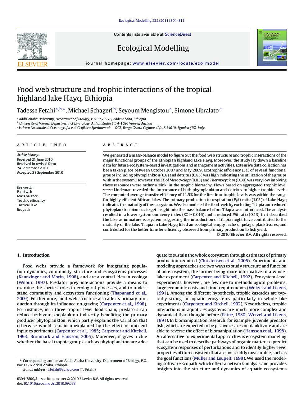 Food web structure and trophic interactions of the tropical highland lake Hayq, Ethiopia