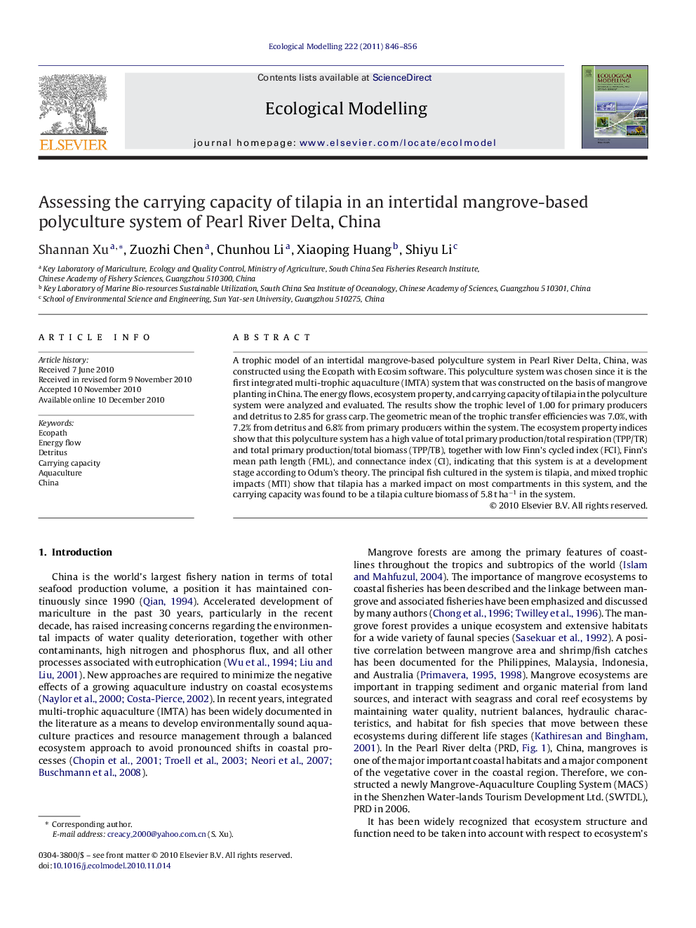 Assessing the carrying capacity of tilapia in an intertidal mangrove-based polyculture system of Pearl River Delta, China