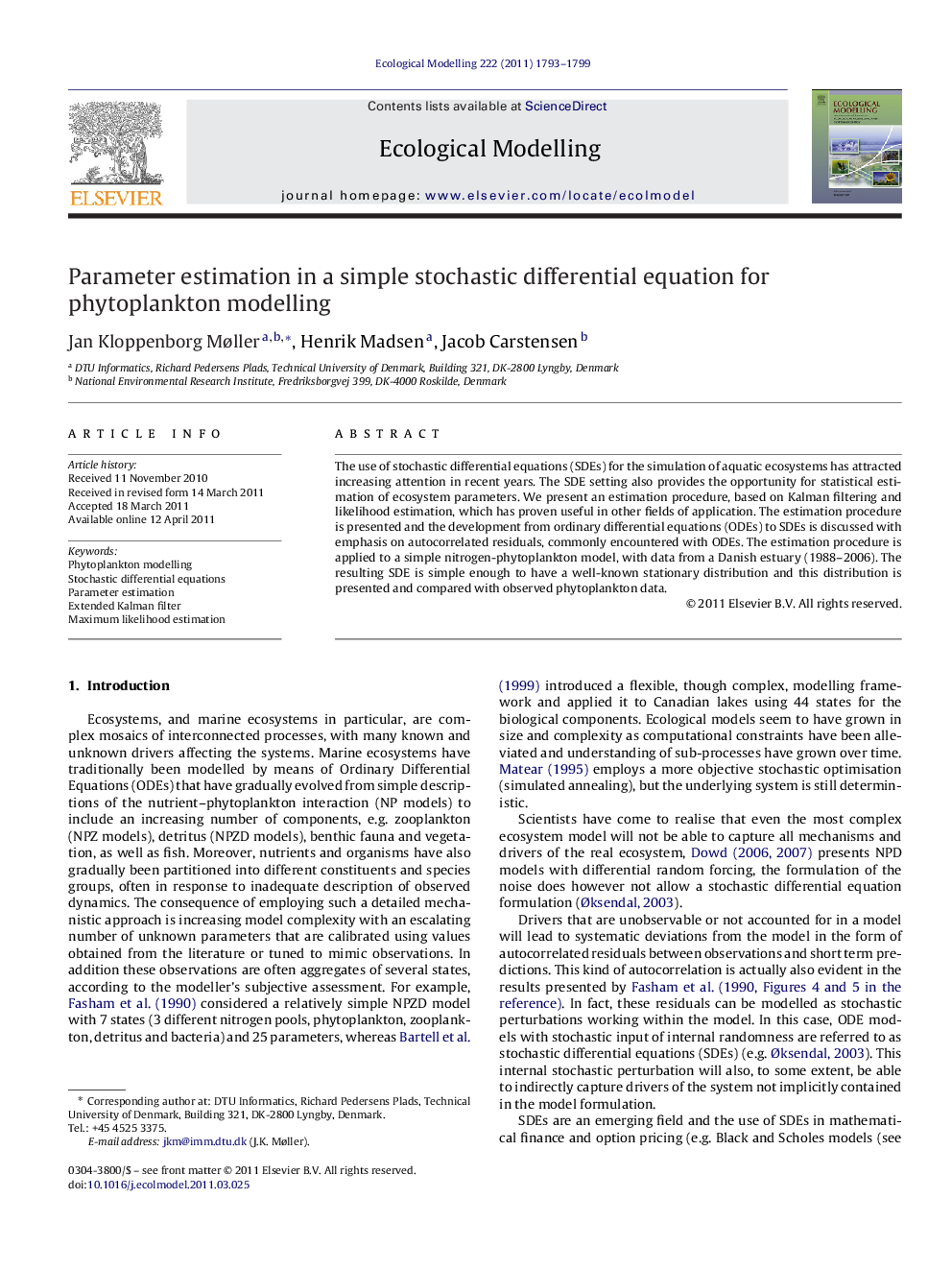 Parameter estimation in a simple stochastic differential equation for phytoplankton modelling