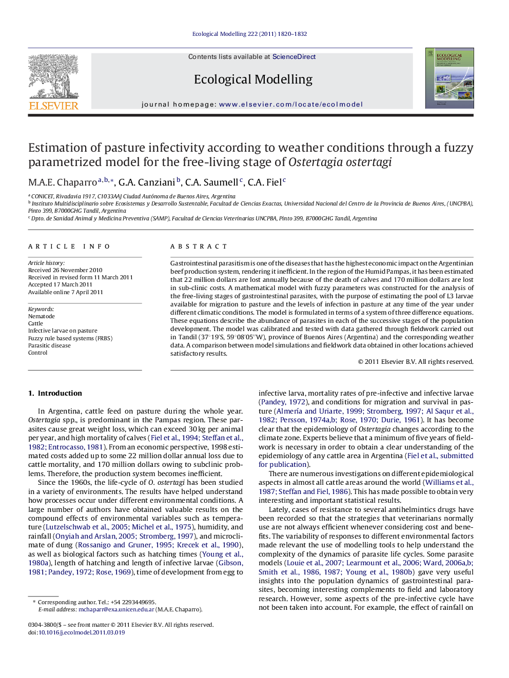 Estimation of pasture infectivity according to weather conditions through a fuzzy parametrized model for the free-living stage of Ostertagia ostertagi