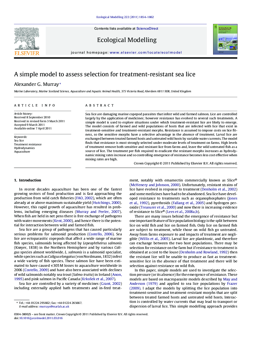 A simple model to assess selection for treatment-resistant sea lice