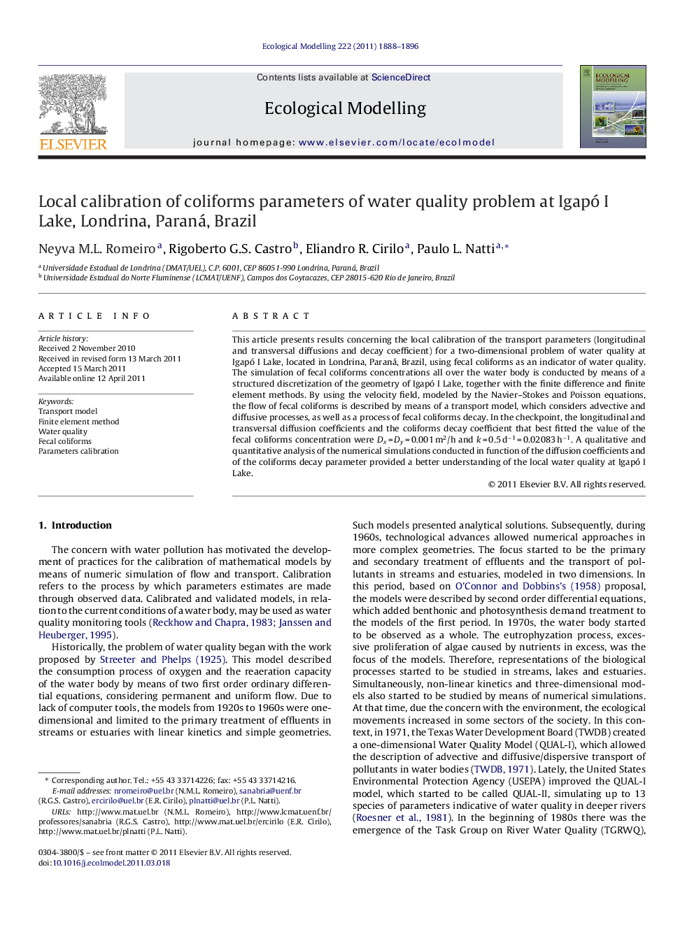 Local calibration of coliforms parameters of water quality problem at Igapó I Lake, Londrina, Paraná, Brazil