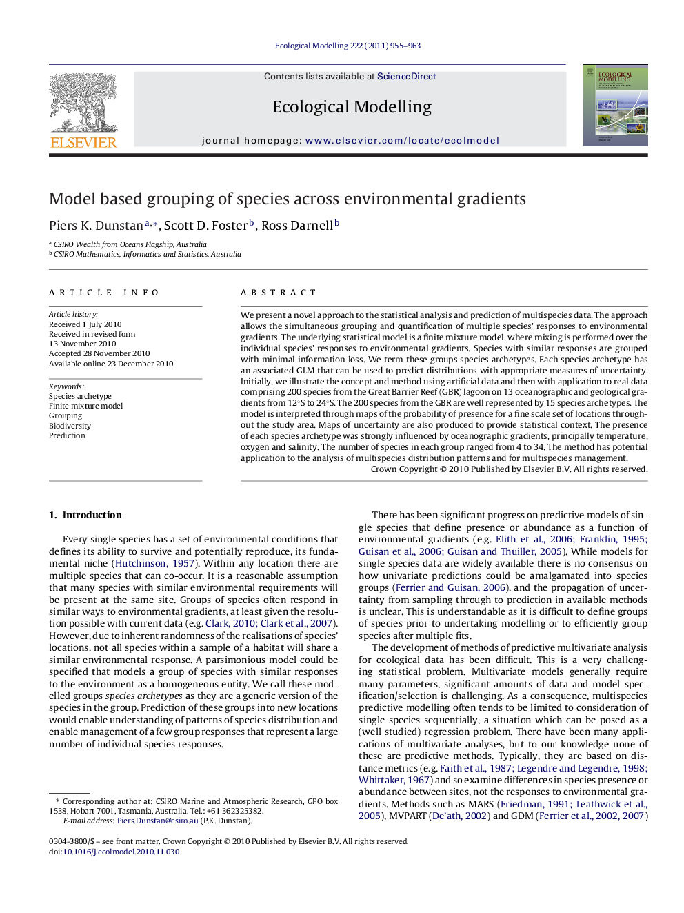 Model based grouping of species across environmental gradients