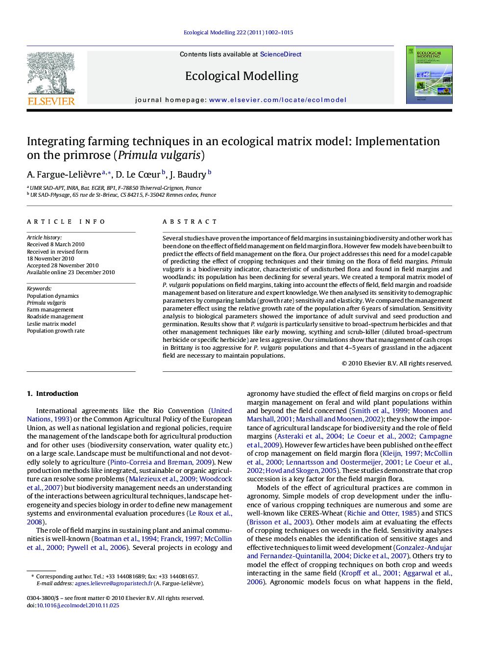 Integrating farming techniques in an ecological matrix model: Implementation on the primrose (Primula vulgaris)