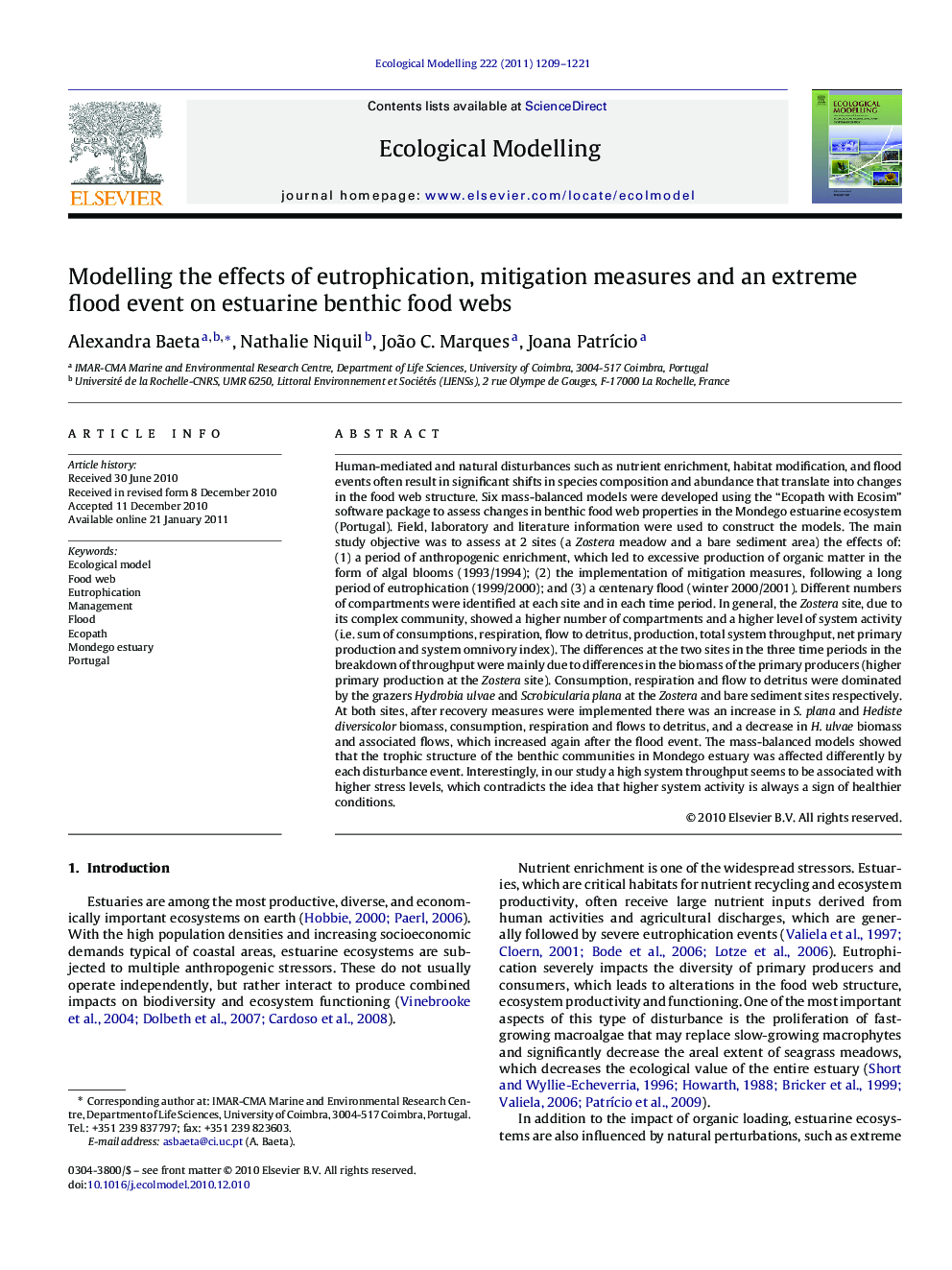 Modelling the effects of eutrophication, mitigation measures and an extreme flood event on estuarine benthic food webs