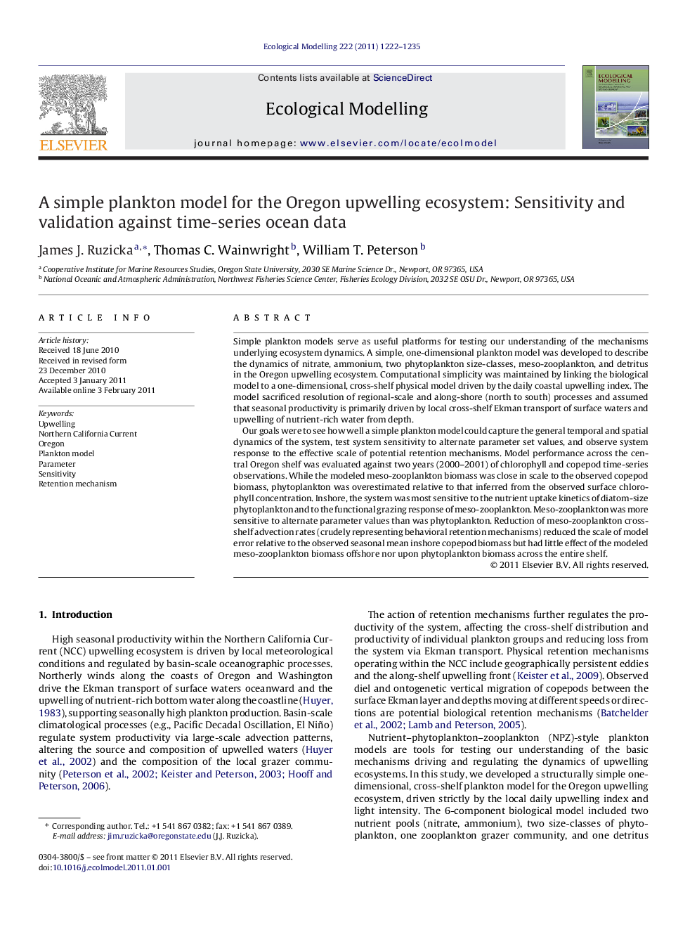 A simple plankton model for the Oregon upwelling ecosystem: Sensitivity and validation against time-series ocean data