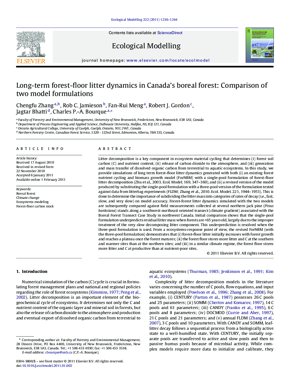 Long-term forest-floor litter dynamics in Canada's boreal forest: Comparison of two model formulations