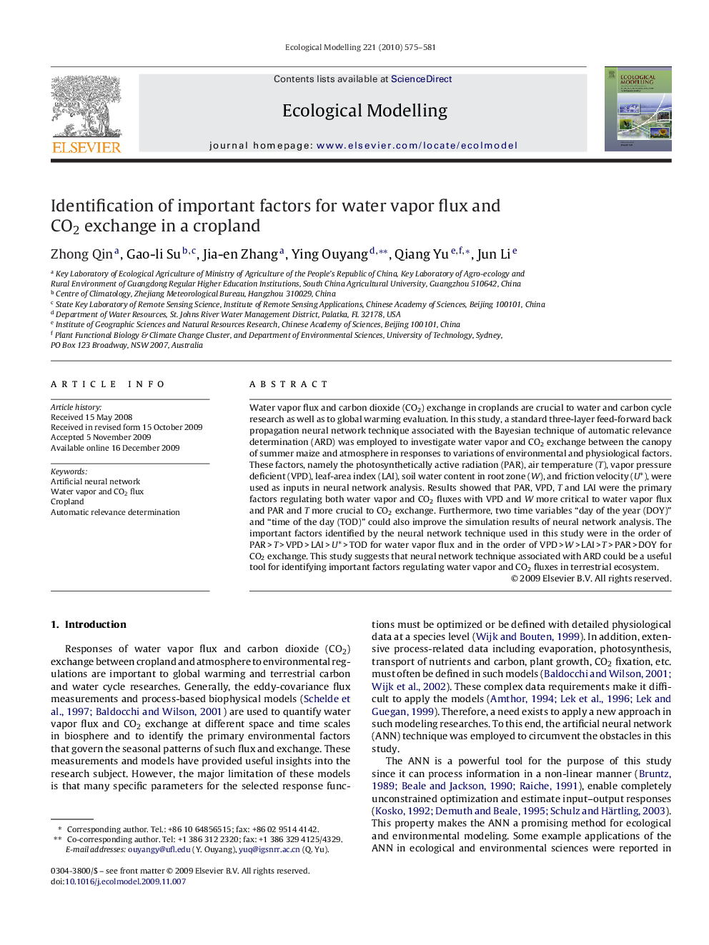 Identification of important factors for water vapor flux and CO2 exchange in a cropland