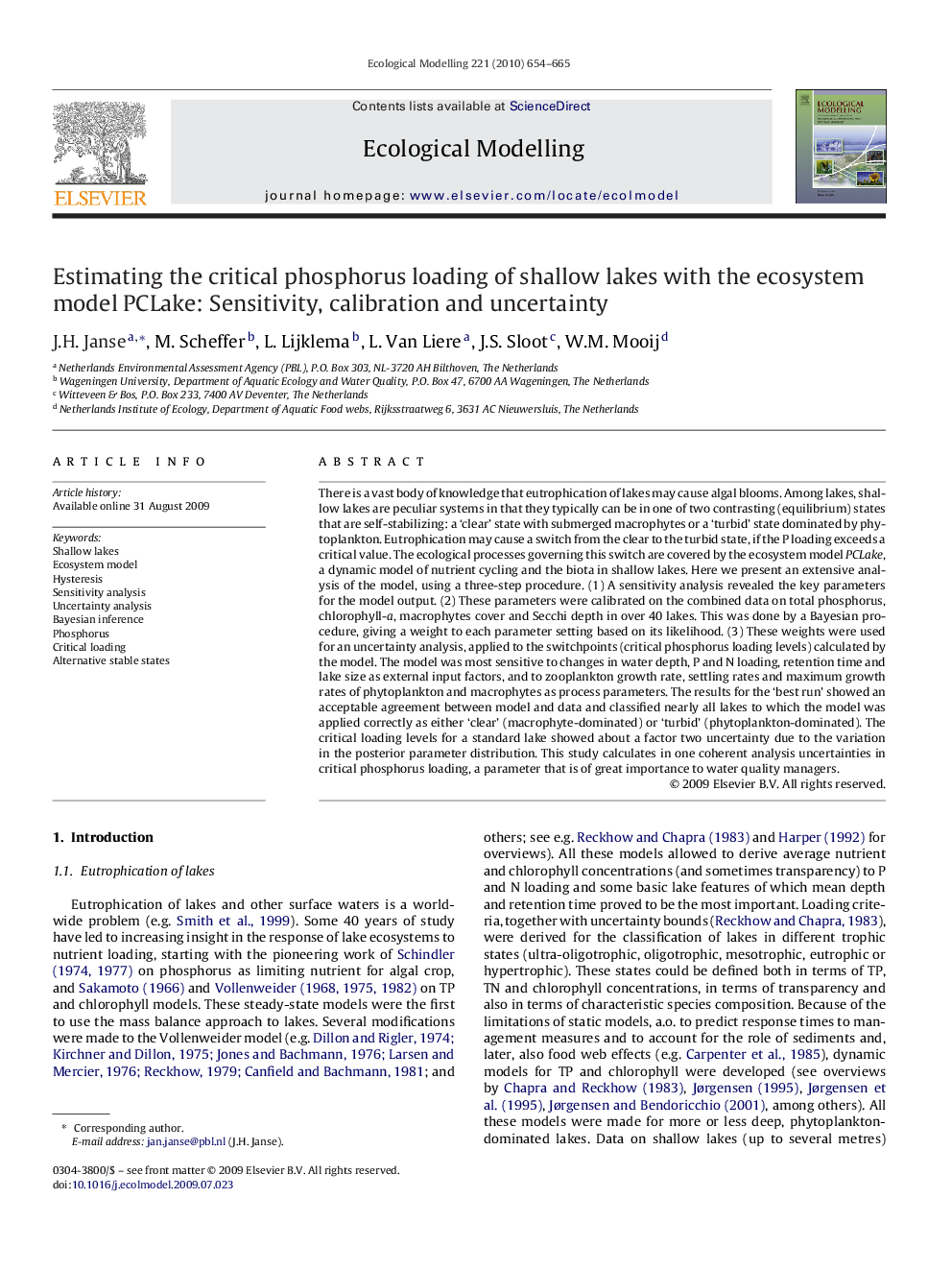 Estimating the critical phosphorus loading of shallow lakes with the ecosystem model PCLake: Sensitivity, calibration and uncertainty