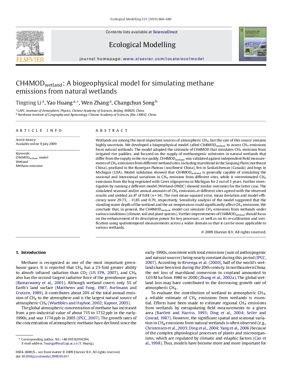 CH4MODwetland: A biogeophysical model for simulating methane emissions from natural wetlands