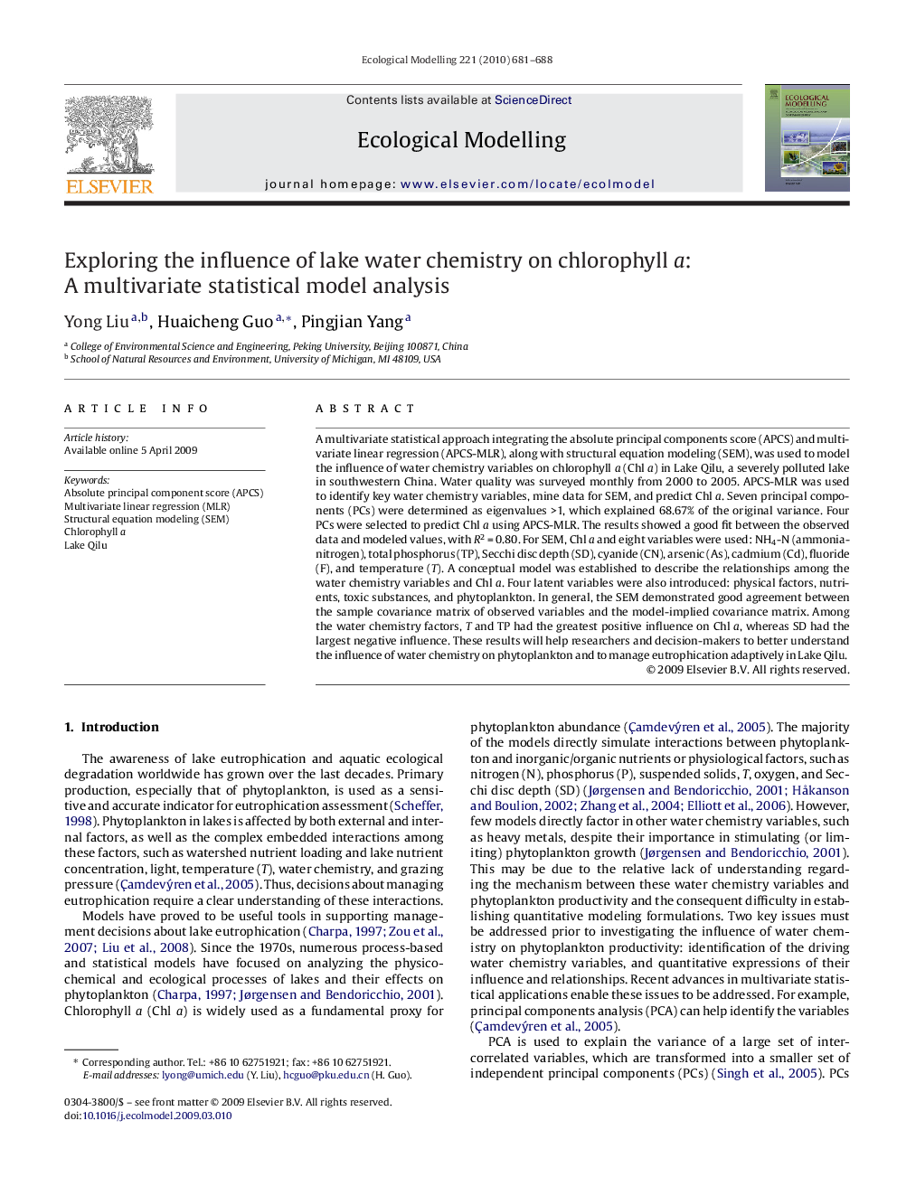 Exploring the influence of lake water chemistry on chlorophyll a: A multivariate statistical model analysis