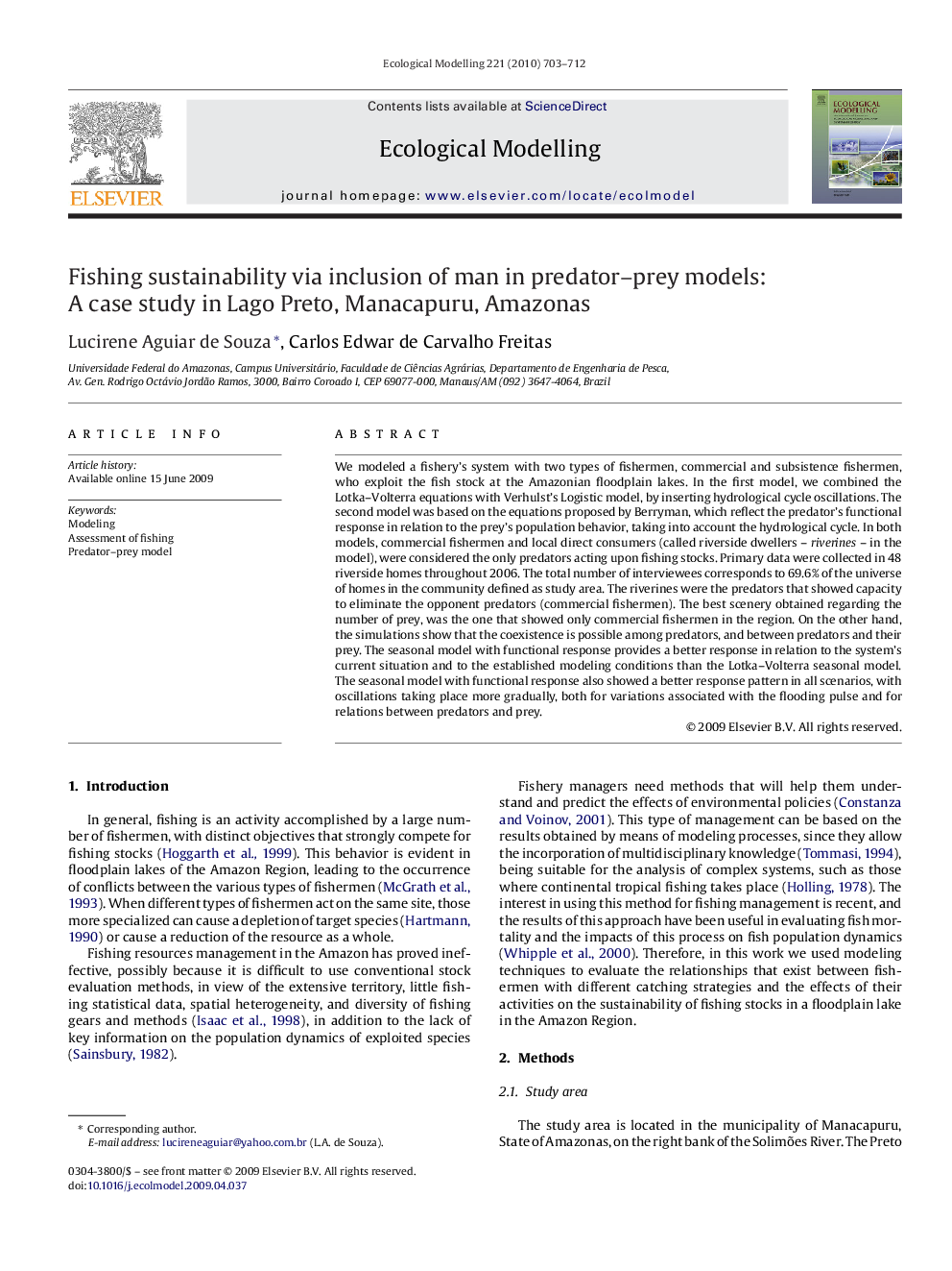 Fishing sustainability via inclusion of man in predator–prey models: A case study in Lago Preto, Manacapuru, Amazonas