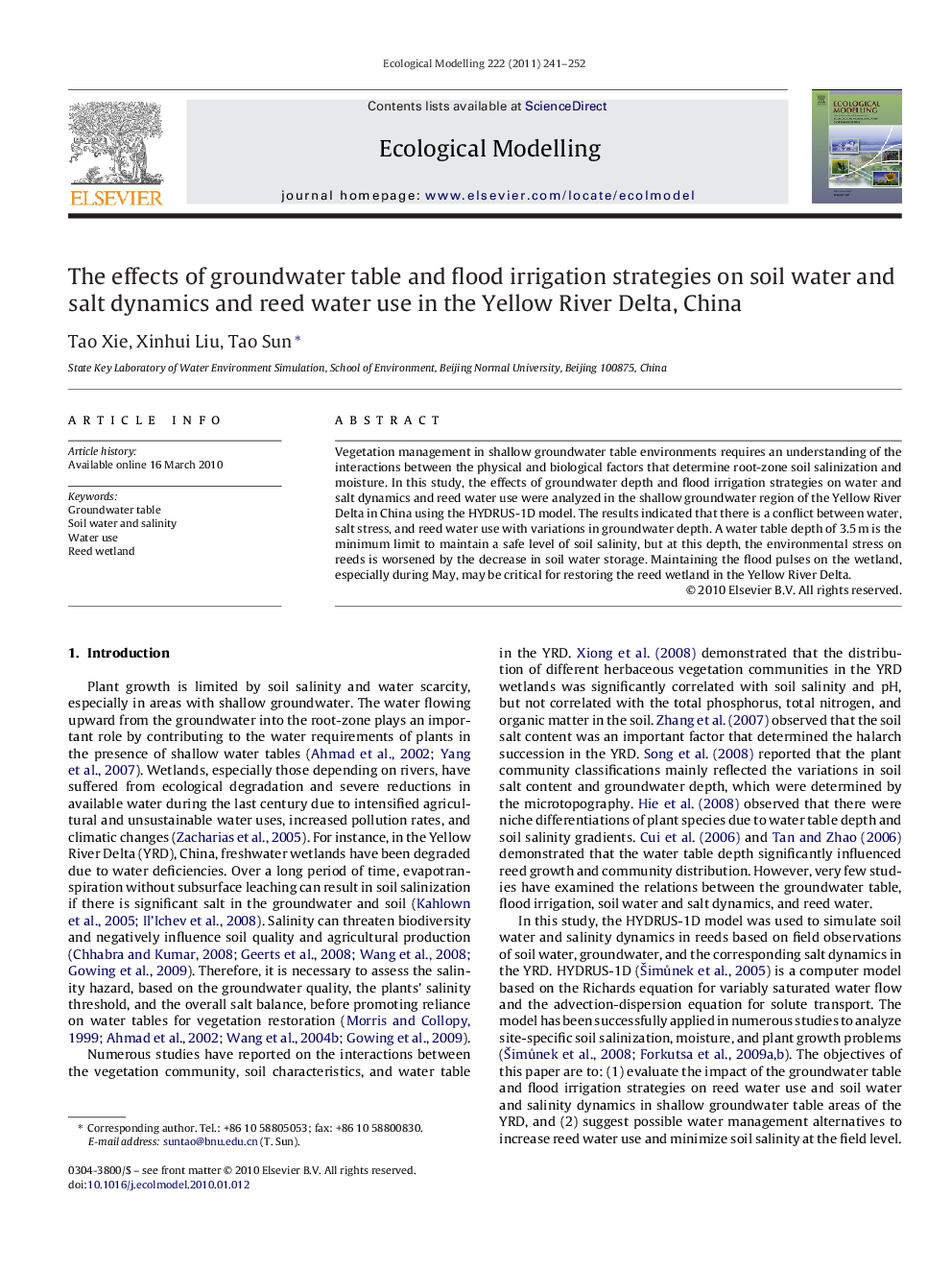 The effects of groundwater table and flood irrigation strategies on soil water and salt dynamics and reed water use in the Yellow River Delta, China