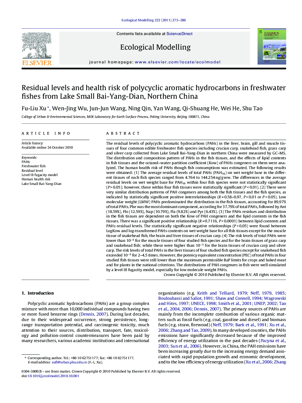 Residual levels and health risk of polycyclic aromatic hydrocarbons in freshwater fishes from Lake Small Bai-Yang-Dian, Northern China