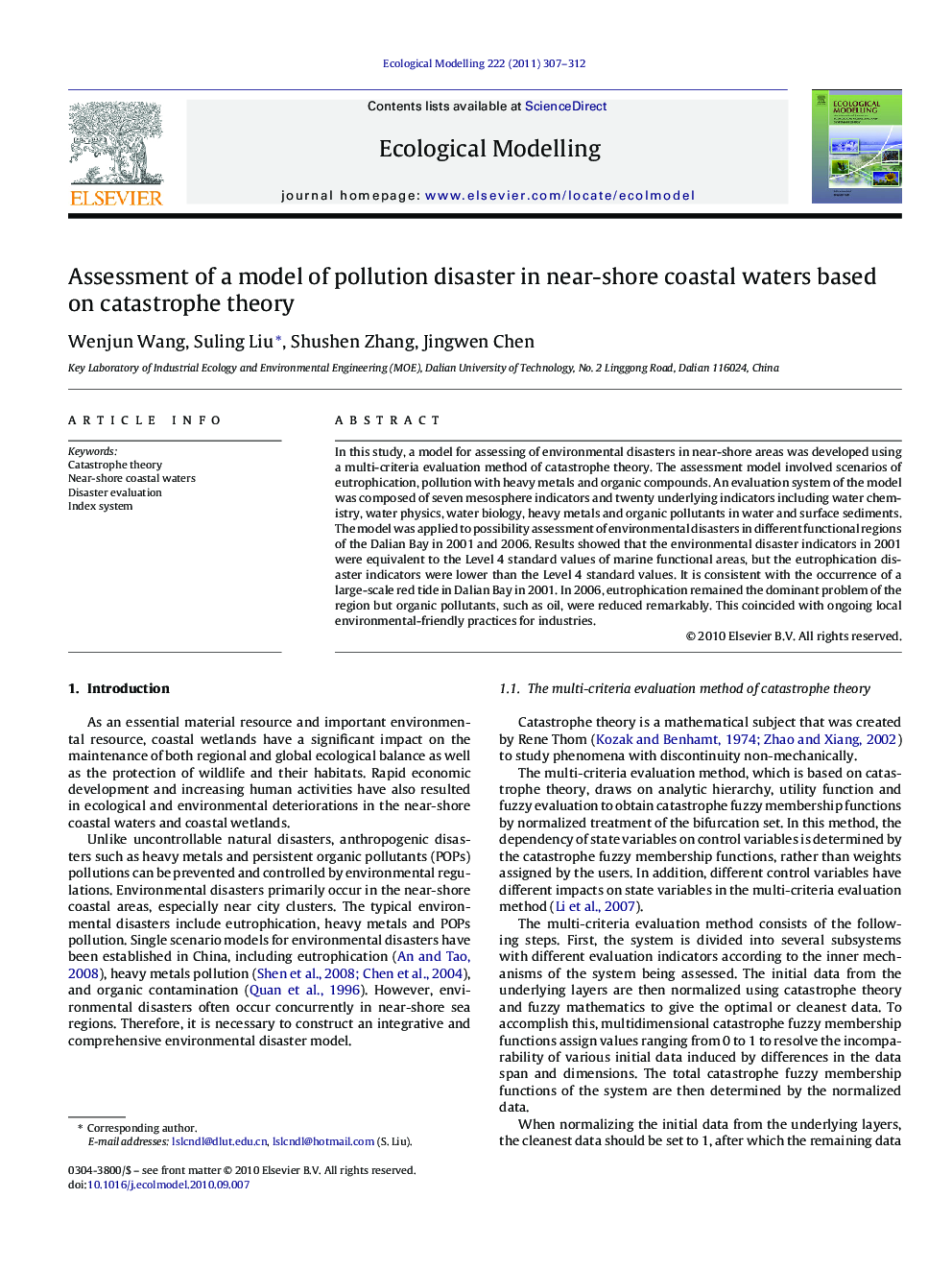 Assessment of a model of pollution disaster in near-shore coastal waters based on catastrophe theory