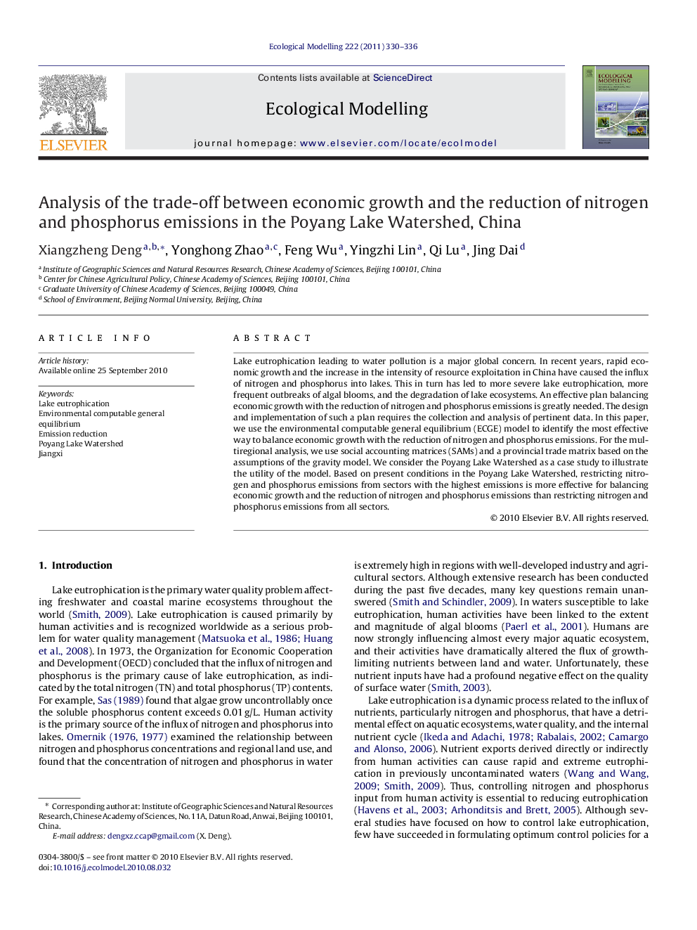 Analysis of the trade-off between economic growth and the reduction of nitrogen and phosphorus emissions in the Poyang Lake Watershed, China