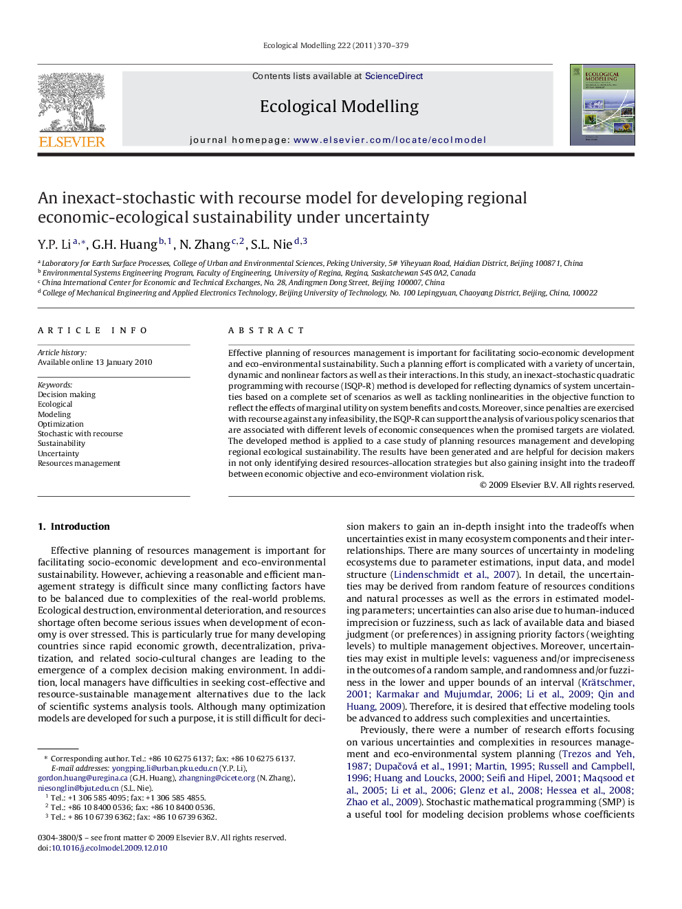 An inexact-stochastic with recourse model for developing regional economic-ecological sustainability under uncertainty