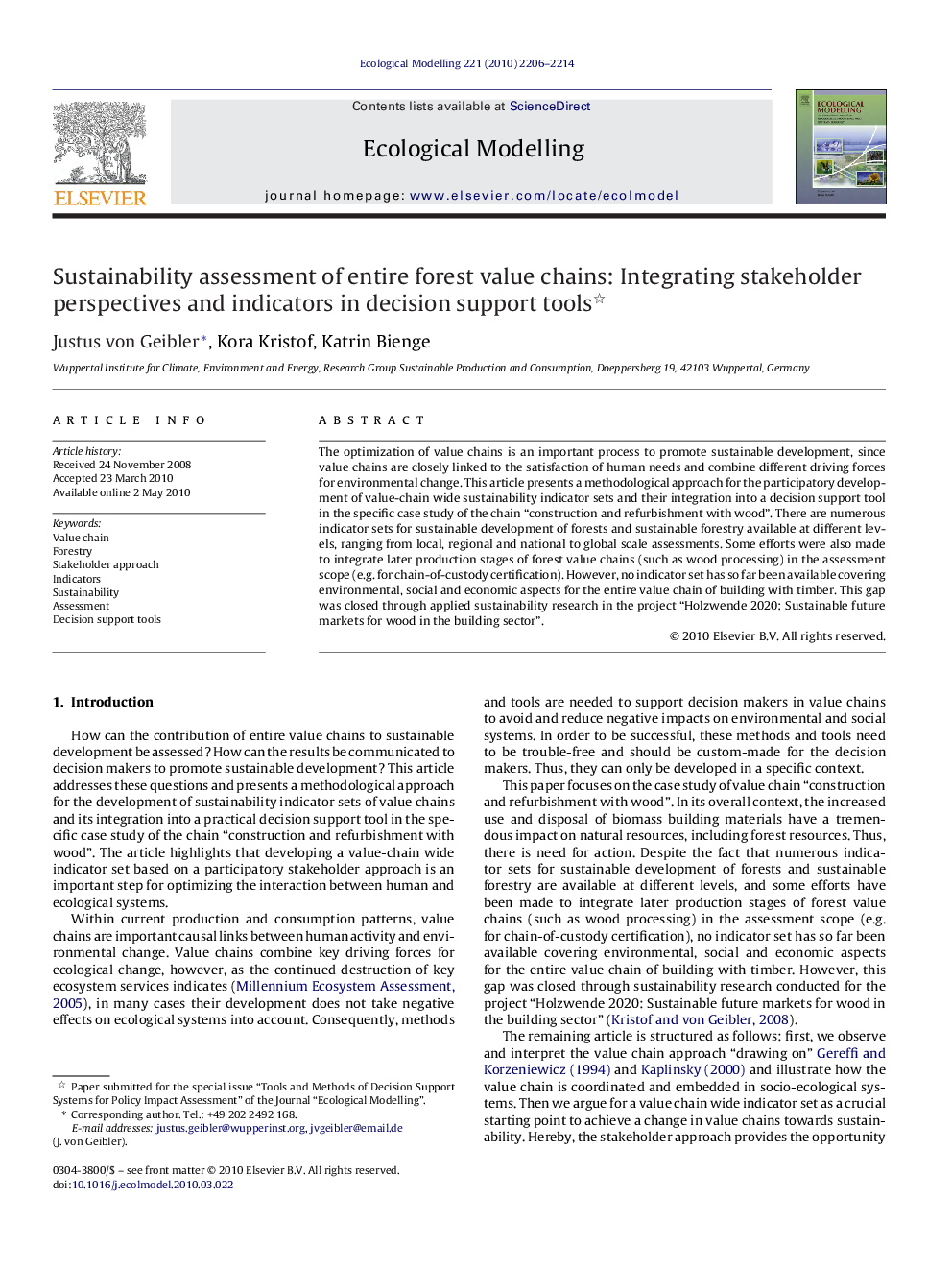 Sustainability assessment of entire forest value chains: Integrating stakeholder perspectives and indicators in decision support tools